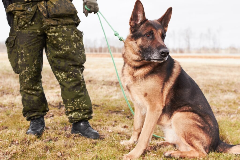 Soldiers best friend. A soldier standing with his dog.